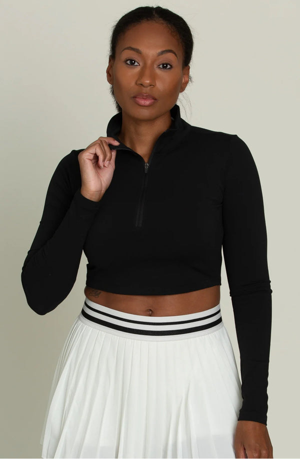 GOLD HINGE: BLACK ATHLETIC HALF - ZIP CROP TOP