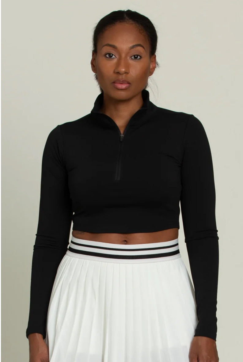 GOLD HINGE: BLACK ATHLETIC HALF - ZIP CROP TOP